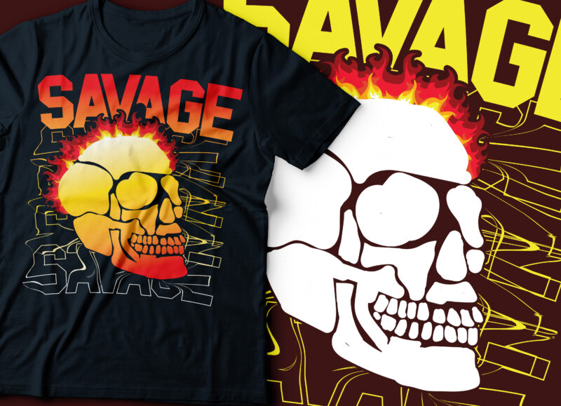 savage skull typography design | skull on fire