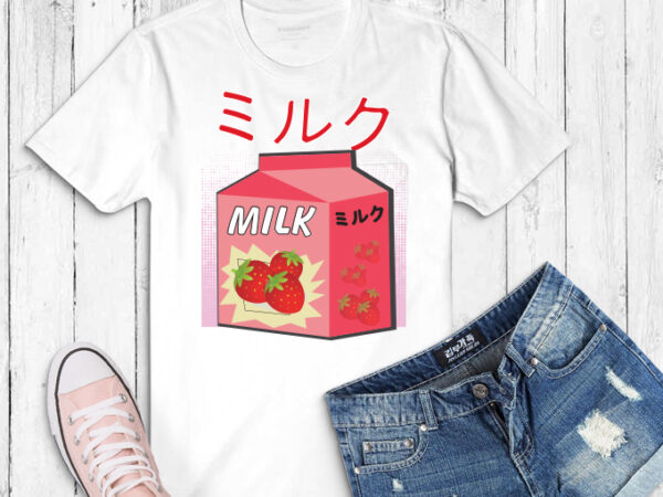 Japanese otaku png, anime strawberry milkshake shirt design svg, funny retro 90s japanese kawaii png, strawberry milk shake carton eps