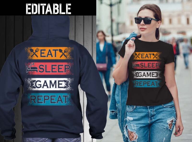 65 Eat sleep repeat bundle tshirt designs editable