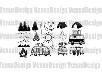 Camping Bundle Svg, Happy Camper Svg, Camping Van Svg, Campsite Svg, Camping Tent Svg, Camp Fire Svg, Traveling Svg, Camping Svg, Camp Life Svg, Camper Svg, Adventure Svg, Mountain Camp t shirt vector file