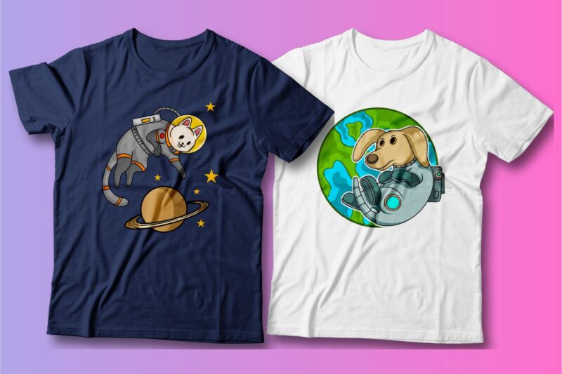 Animals Astronaut cartoon bundle, Cartoon t shirt design, Astronaut t shirt design, Illustration, Cute, Funny, Cool, Vector t shirt design, SVG,