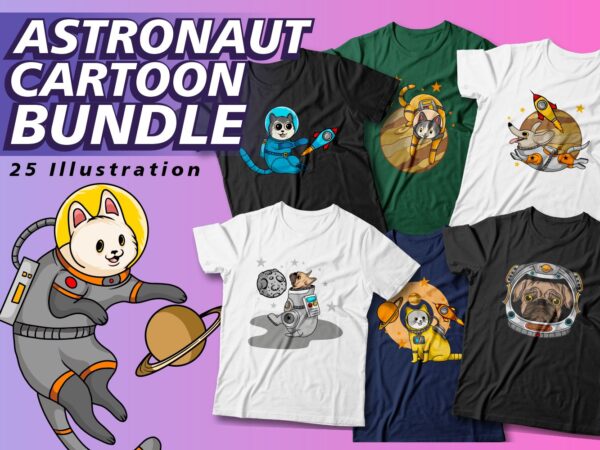 Astronaut vector illustration t shirt design bundle, cartoon svg bundle, cartoon t shirt design vector packs, png, pod,