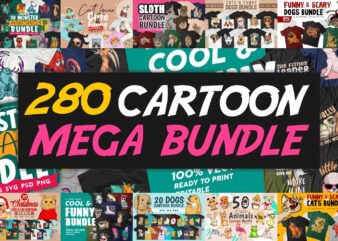 280 Cartoon Mega Bundle, T -shirt design vector packs, Cartoon character, Animals, Illustration, Dog, Cat, Cute, Funny, svg, png,