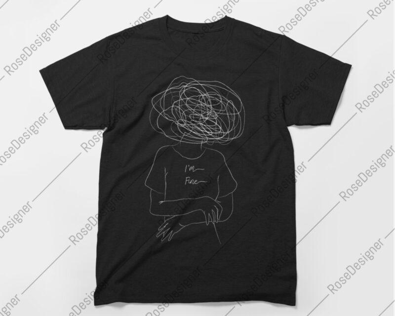 I am Fine Not Depressed – Girl Art T-Shirt Design – Instant Download Line Art Drawing