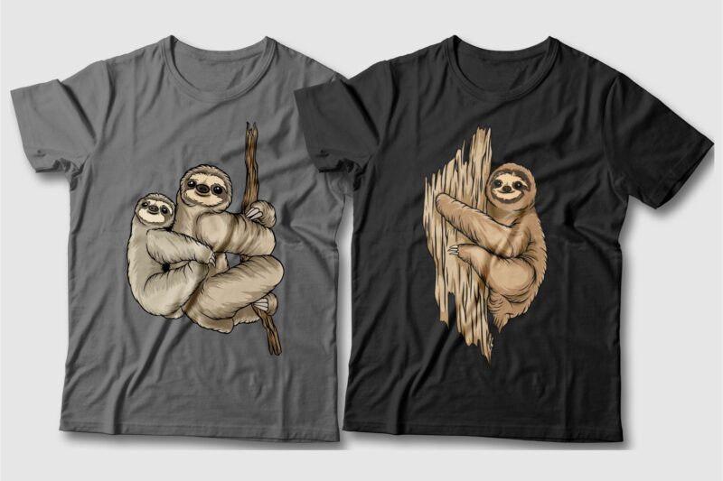 Sloth cartoon bundle t-shirt designs, Sloth cartoon character, Sloth cartoon cute, Sloth cartoon funny, Vector t shirt design pack, illustration,