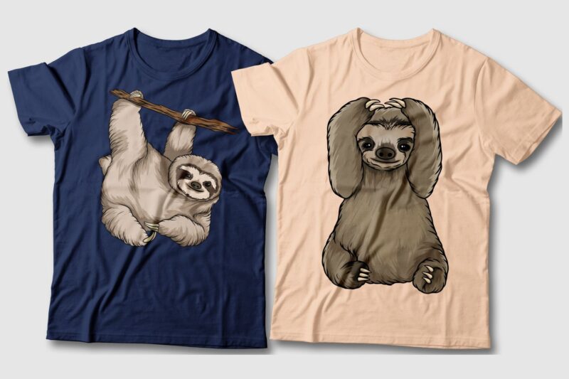 Sloth cartoon bundle t-shirt designs, Sloth cartoon character, Sloth cartoon cute, Sloth cartoon funny, Vector t shirt design pack, illustration,