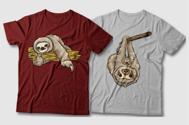 Sloth cartoon bundle t-shirt designs, Sloth cartoon character, Sloth cartoon cute, Sloth cartoon funny, Vector t shirt design pack, illustration,