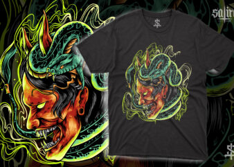The Oni Mask With Snake Illustration t shirt designs for sale