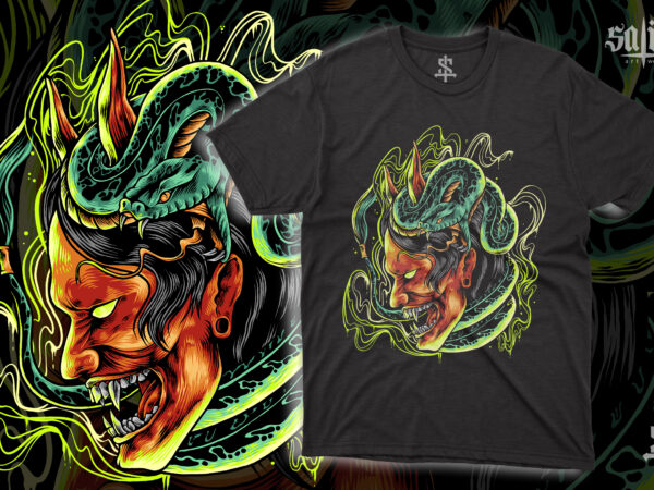 The oni mask with snake illustration t shirt designs for sale