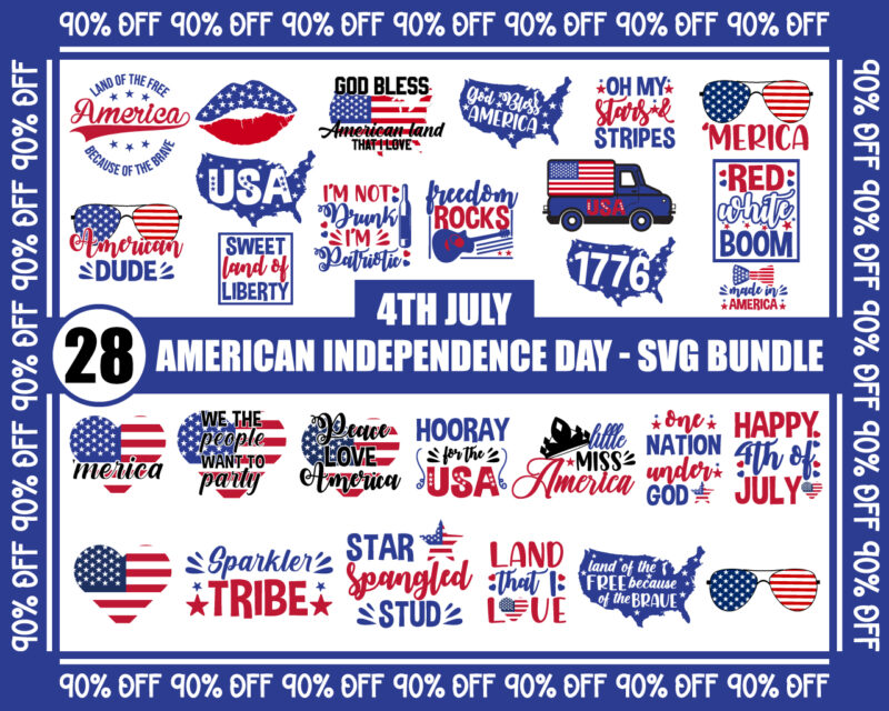 4th July, American Independence Day T-Shirt Bundle, 4th of July, t-shirt designs, america, merica, american dude, american vectors, 4th July Svgs, peace love america, pack of 28 t-shirt designs, Instant Download
