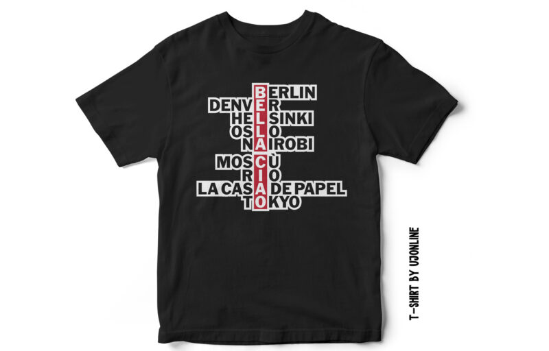 Bella Ciao, Bella Ciao, Money Heist, T-Shirt design, berlin, Denver, Helsinki, Oslo, Nairobi, Mosco, Rio, la casa de Papel, Tokyo