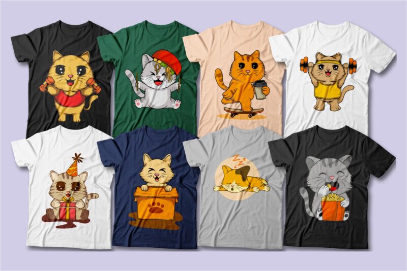 t-shirt vector Cute cats t shirt designs bundle in daily life, Funny cat t shirt design vector packs, kitten, pet, cartoon bundle, funny bundle,