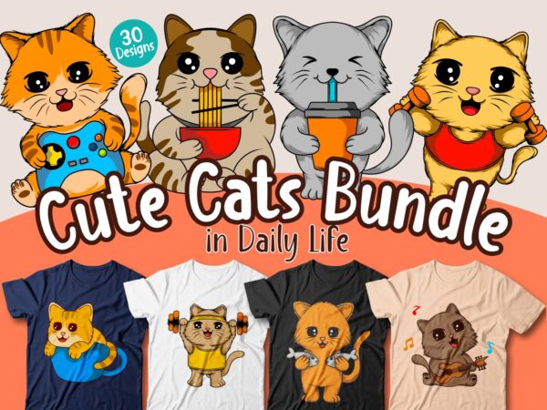 Cute cats t shirt designs bundle in daily life, funny cat t shirt design vector packs, kitten, pet, cartoon bundle, funny bundle,