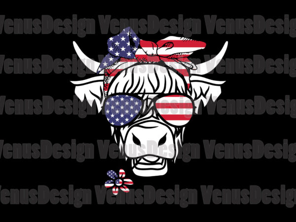4th of july highland cow with bandana and glasses editable design