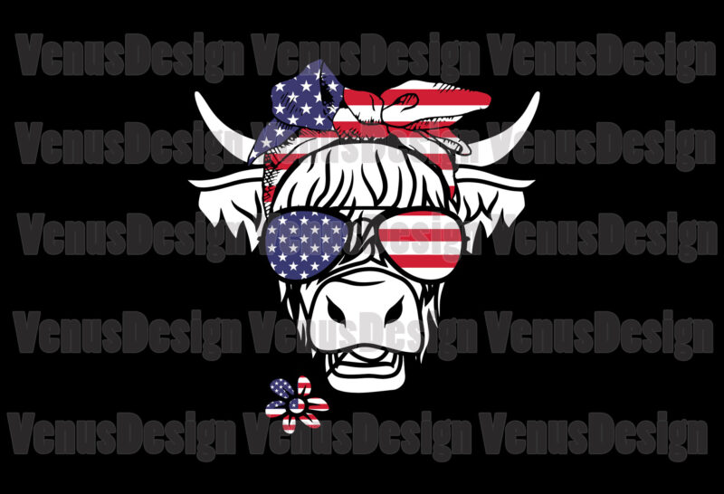4th Of July Highland Cow With Bandana And Glasses Editable Design