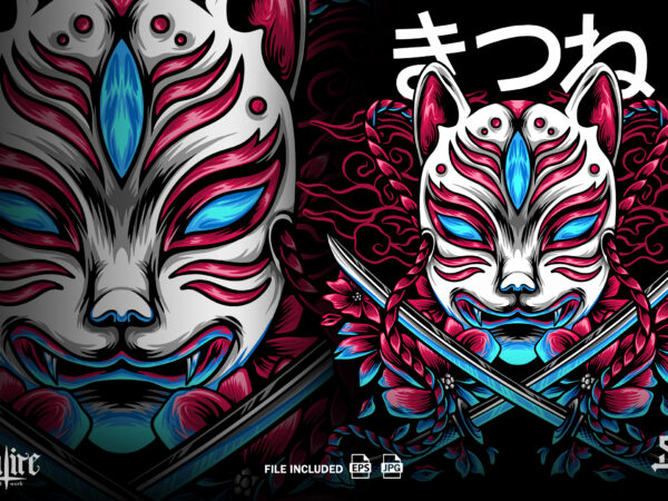 The kitsune japan and swords t shirt designs for sale