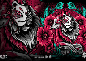 The Fox Kitsune With Flowers t shirt designs for sale