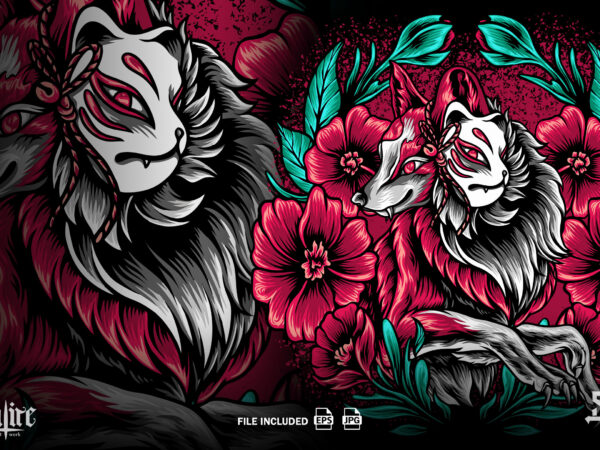 The fox kitsune with flowers t shirt designs for sale