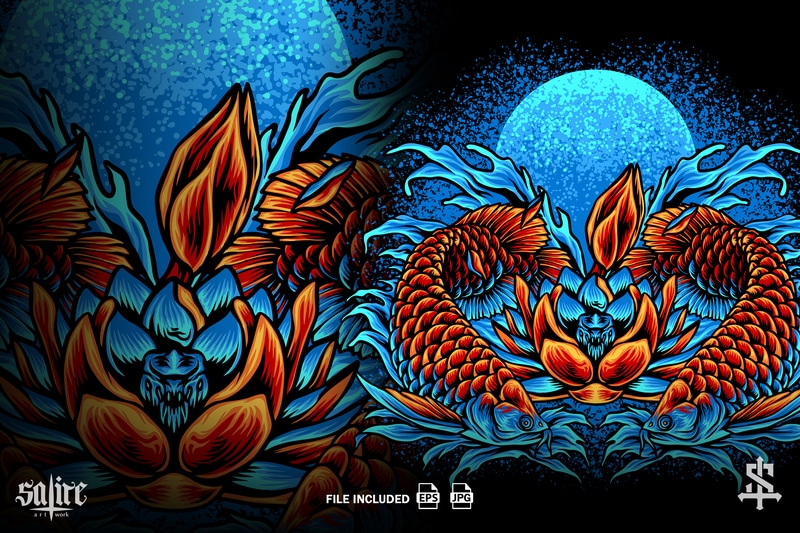 Free Arowana fish and lotus flowers t shirt vector