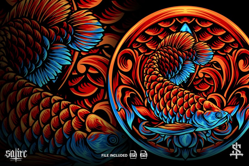 Free Arowana fish with ornaments t shirt vector