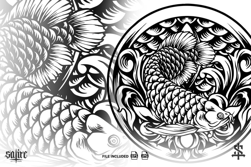 Free Arowana fish with ornaments silhouette t shirt vector