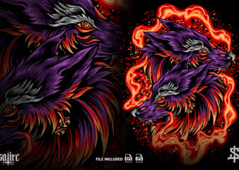 Twin Wolf Head With Fire t shirt designs for sale