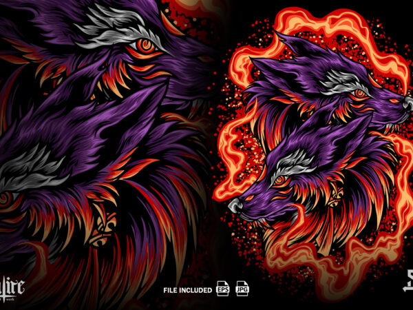 Twin wolf head with fire t shirt designs for sale