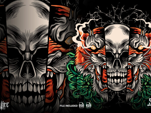 Tiger and skull illustration t shirt designs for sale