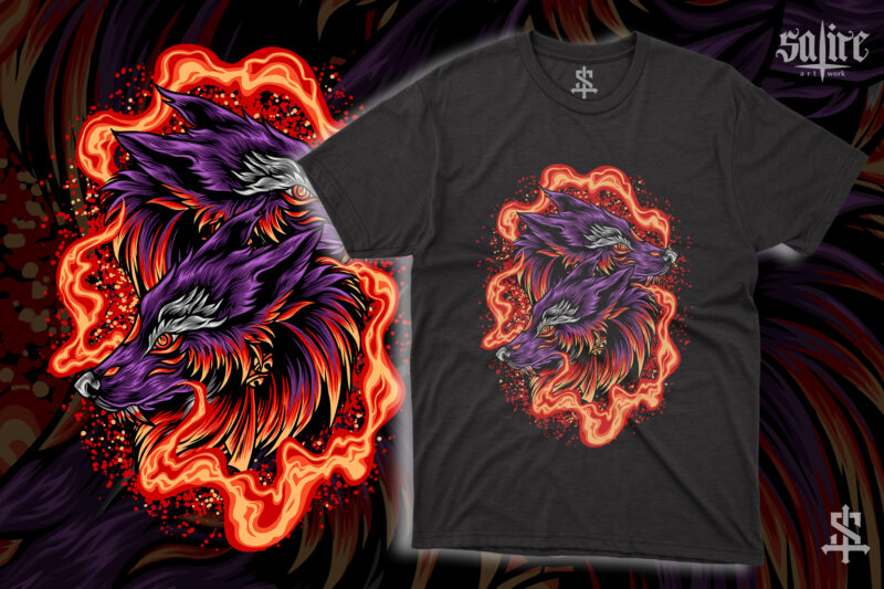 Twin Wolf Head With Fire