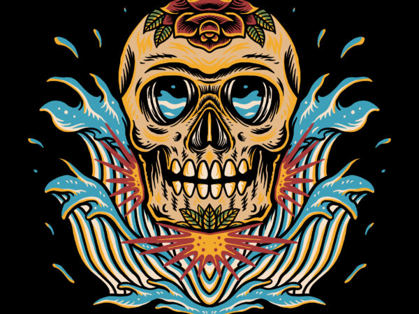 Skull and wave traditional t-shirt design