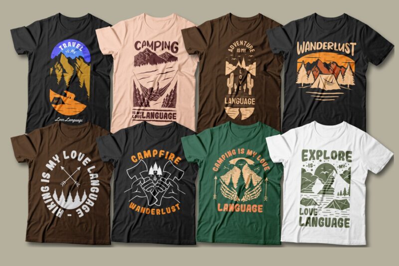 Camping is my love language t-shirt designs bundle, Camping quotes, Hiking, Adventure, Travel more, Explore, Wanderlust, T shirt designs vector packs,