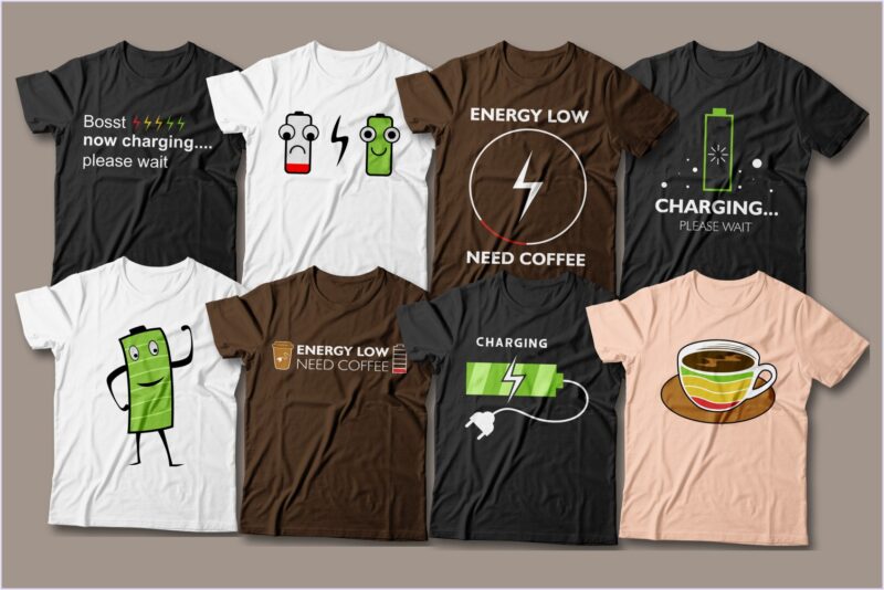 Coffee charging battery t shirt designs bundle, Most popular coffee slogan vector packs