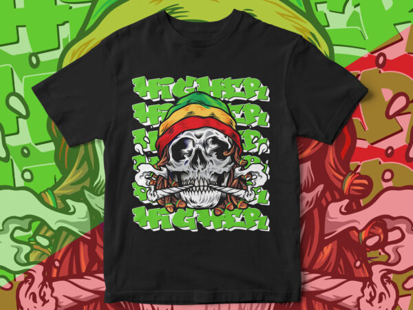 Dreadlocks, skull, weed, leaf, higher, joint, smoking, marijuana, jamaican style t-shirt design