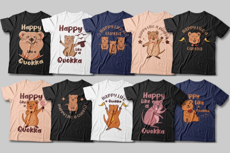 Happy like a quokka t-shirt designs bundle, Vector illustration, Quokka cartoon animal sublimation bundle, cute and funny quokka