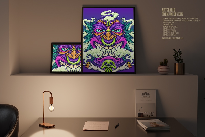 Hawaiian Tiki Smoking Weed Leaf Illustrations