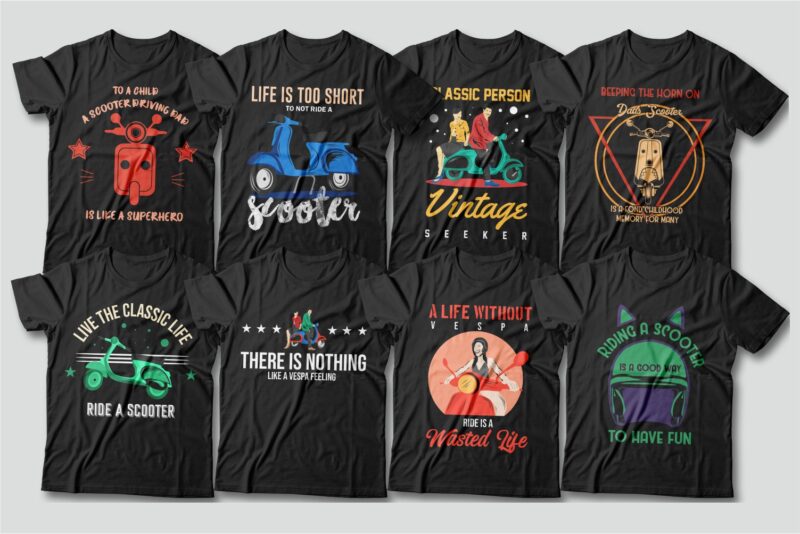 t-shirt vector Vintage scooter vespa t shirt designs bundle vector, Riding a vespa, Editable, Motorcycle, Adventure, Rider, Bikes, Enjoy the ride