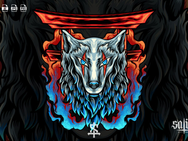Wolf head japan with fire t shirt design for sale