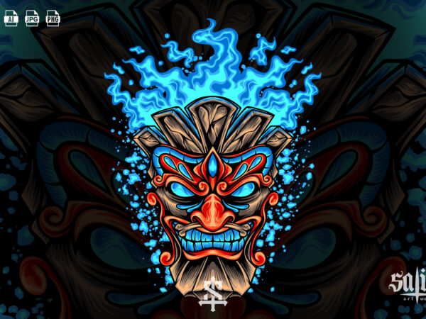Tiki head with blue fire t shirt designs for sale