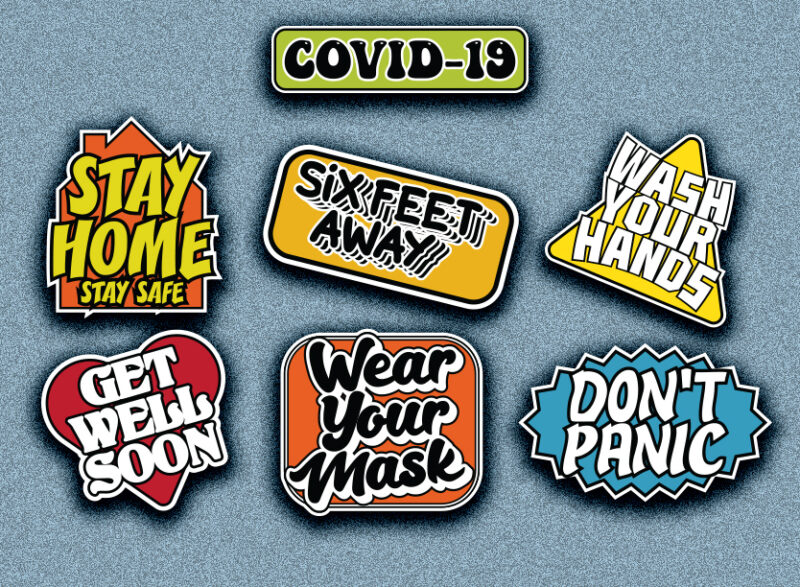 COVID-19 coronavirus sticker typography design | seven stickers | six feet away |stay home stay safe | wash your hands | wear your mask | don’t panic | get well soon
