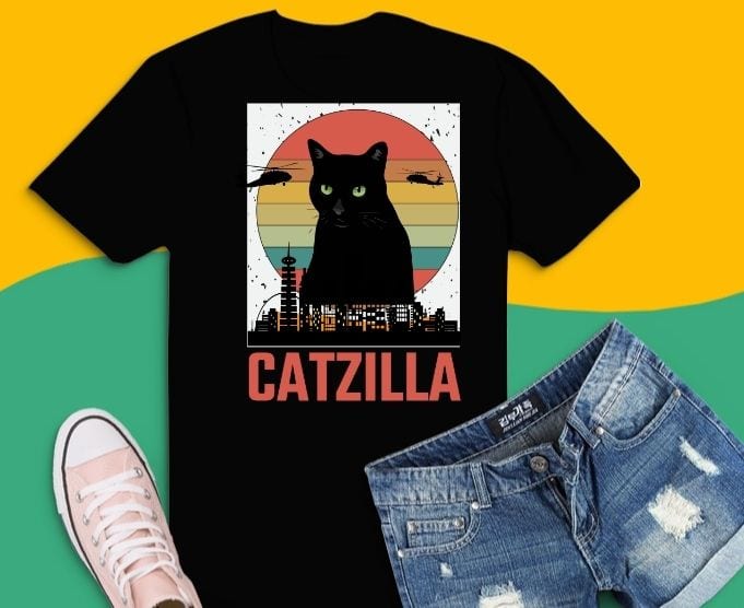 Vintage Catzilla Japanese Sunset Style Cat Kitten Lover T-Shirt design svg,Vintage Cat Kitten Lover Tee Gift png,Catzilla, funny cat, cat mom, cat catzilla funny skyland city svg, Funny Kitten and