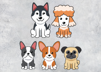 5 Dogs: Husky, French Bulldog, Pug, Poodle, Corgi.