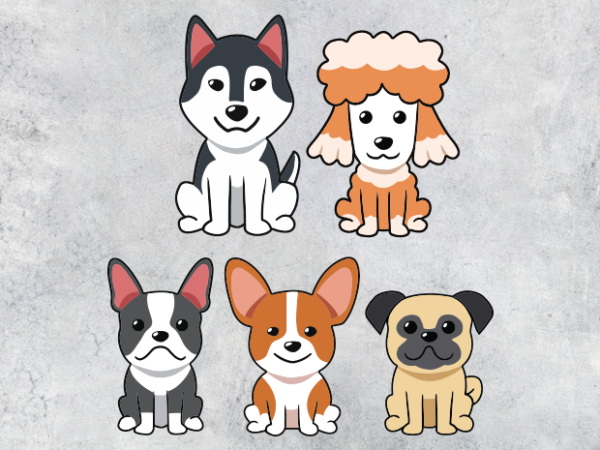 5 dogs: husky, french bulldog, pug, poodle, corgi.