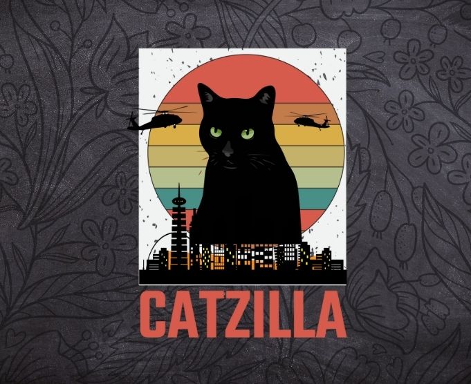 Vintage Catzilla Japanese Sunset Style Cat Kitten Lover T-Shirt design svg,Vintage Cat Kitten Lover Tee Gift png,Catzilla, funny cat, cat mom, cat catzilla funny skyland city svg, Funny Kitten and