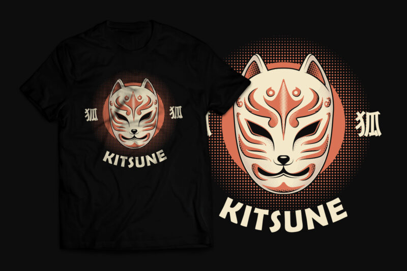 Retro Japanese Fox Mask Kitsune T-Shirt Design
