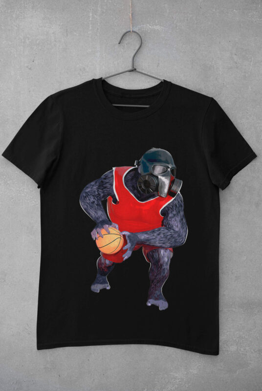 3 Poses of Gorilla Character Wearing Gas Mask and Playing Basketball