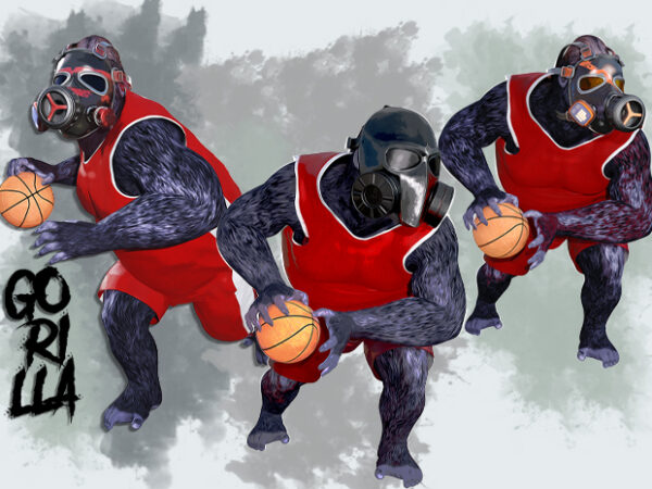 3 poses of gorilla character wearing gas mask and playing basketball