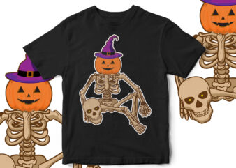 Halloween T-Shirt Design, Skeleton, Horror, Funny, Pumpkin, Skull, Vector T-Shirt Design, Fall Season, Trending Design