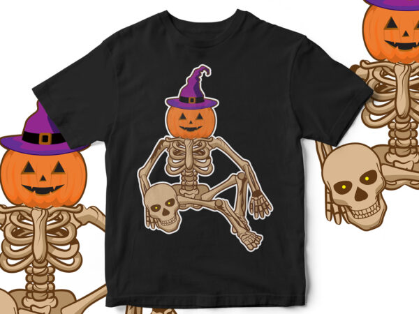 Halloween t-shirt design, skeleton, horror, funny, pumpkin, skull, vector t-shirt design, fall season, trending design