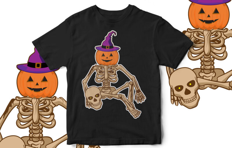 Halloween T-Shirt Design, Skeleton, Horror, Funny, Pumpkin, Skull, Vector T-Shirt Design, Fall Season, Trending Design