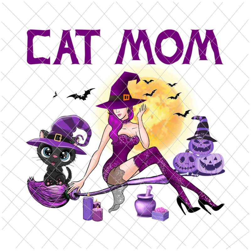 Cat Mom Halloween Png, Love Cat Png, Cute Cat Halloween Png, Witch Cat Halloween, Black Cat Witch Png